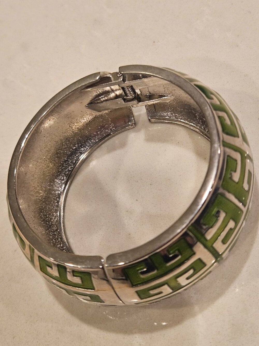 Cuff Bracelet w/ Spring Hinge - Silvertone w/ Olive Green Enamel - Picture 3 of 4